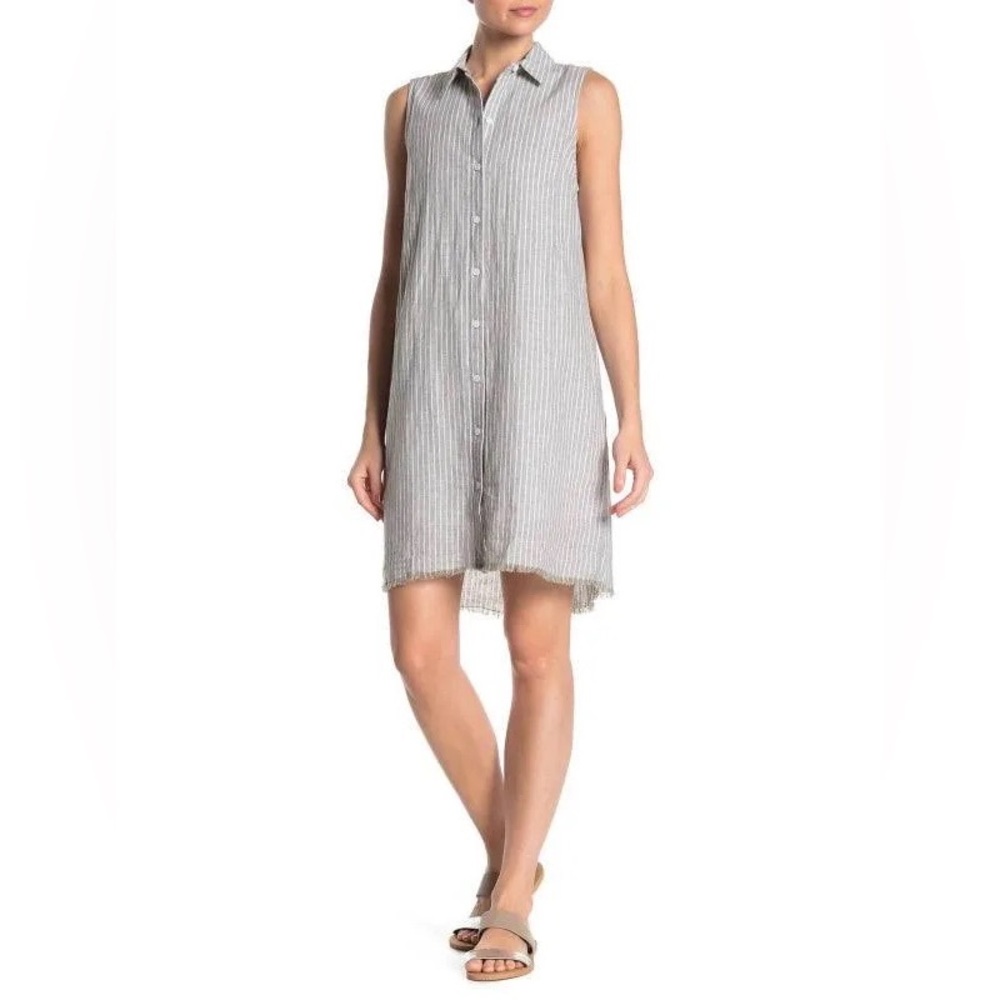 Beachlunchlounge Linen Shirt Dress Gray White Stripe Mini Midi Shirtdress XL